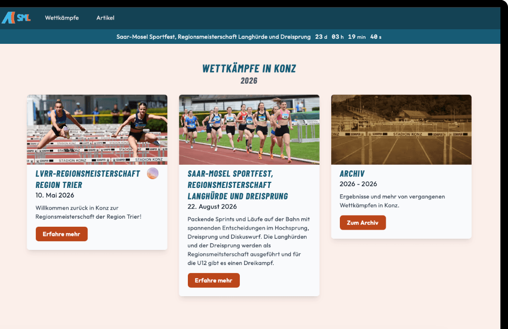 Die Website von Saar-Mosel Leichtathletik auf einem Desktop-Bildschirm