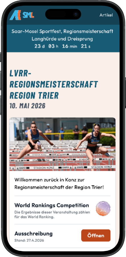 Die Website von Saar-Mosel Leichtathletik auf einem iPhone-Bildschirm